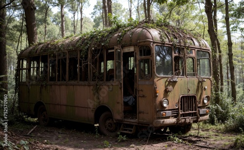 A rusty bus into the jungle. Abandoned place, vines everywhere.