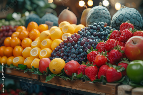 A close-up of a variety of colorful fruits arranged artfully at a market stall. Generative Ai.