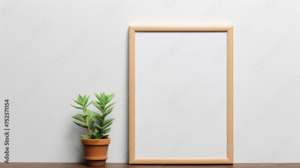 A picture frame next to a potted plant, ideal for home decor projects A picture frame next to a potted plant, ideal for home decor projects