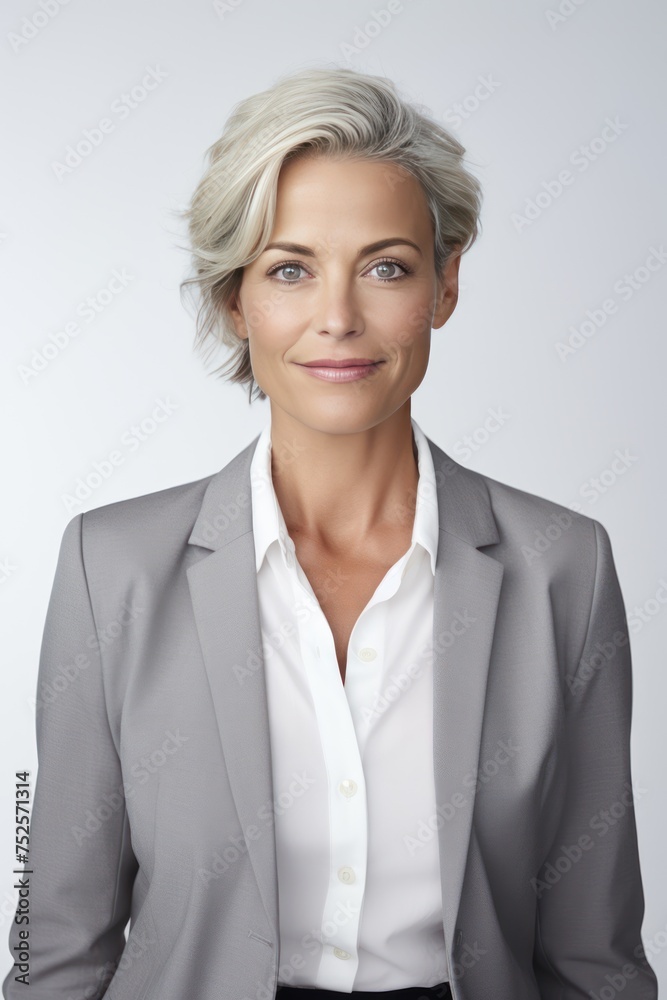A portrait photo of a successful businesswoman staring at the camera. white background. A portrait photo of a successful businesswoman staring at the camera. white background.