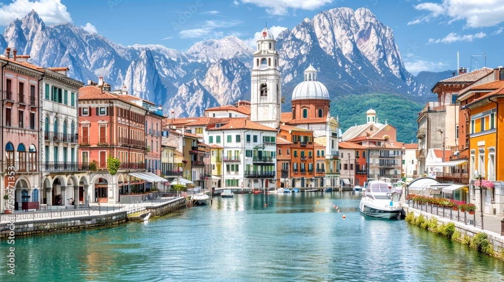 An Italian town's picturesque waterfront with classical architecture is set against a stunning mountainous backdrop and clear skies