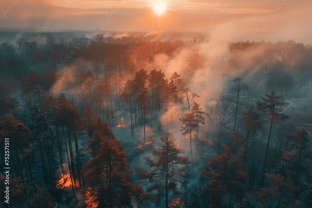 Forest in smoke, forest fires, natural disasters, drought. View from above