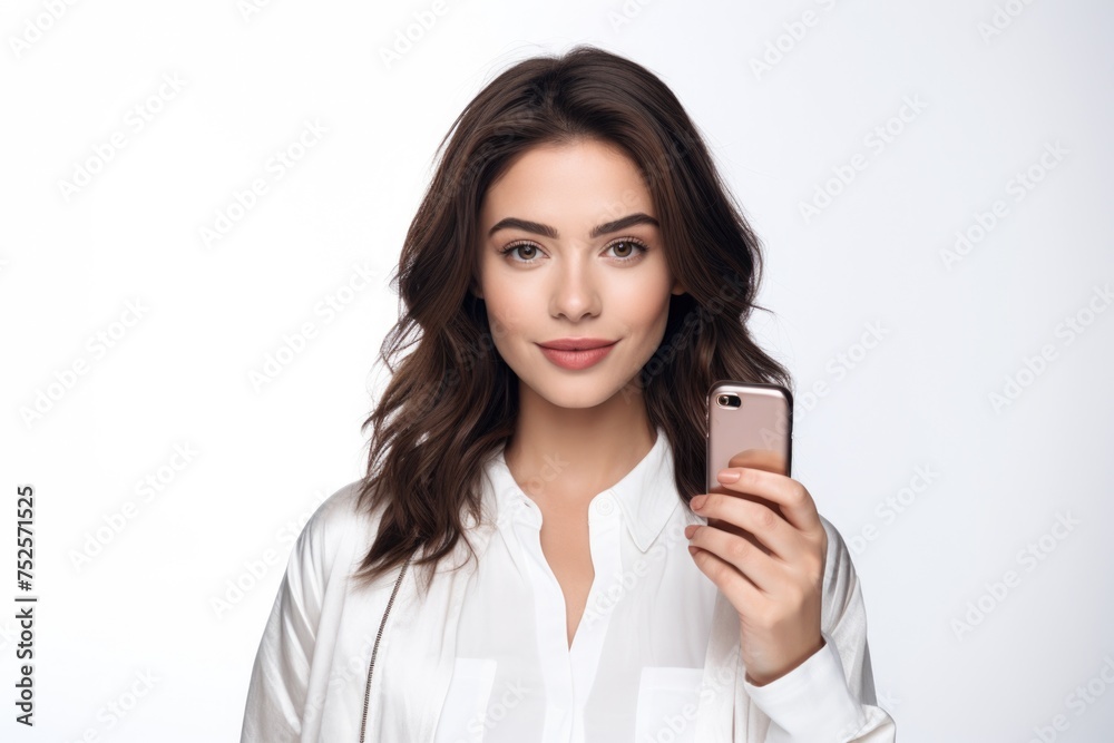 A woman in a white shirt holding a cell phone. Suitable for technology concepts A woman in a white shirt holding a cell phone. Suitable for technology concepts
