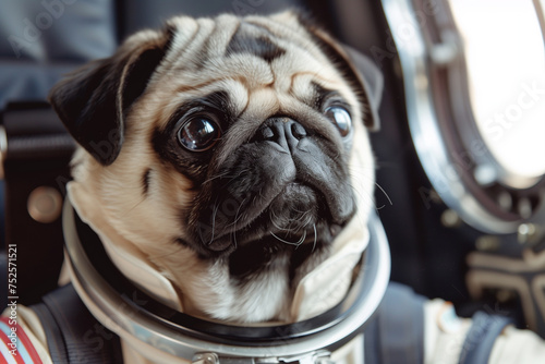 Cute pug in space suit. First trip to space. Dog astronaut in a space suit. Portrait of a dog astronaut.