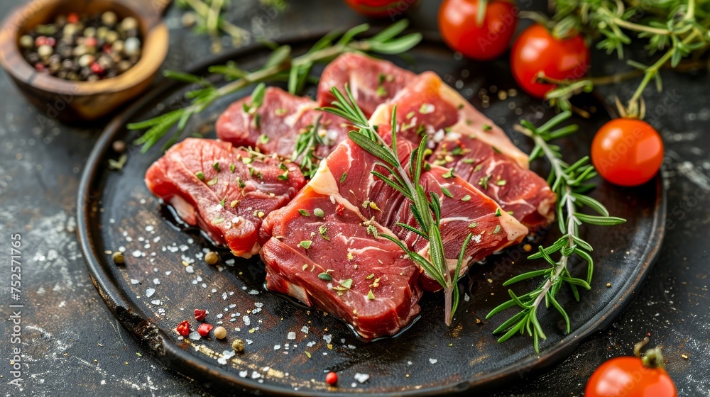 Fresh raw steak cuts with rosemary and tomatoes on a dark plate, seasoned and ready to cook