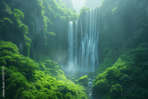 A tall waterfall plunging into a lush green valley, a natural wonder. Generative Ai.