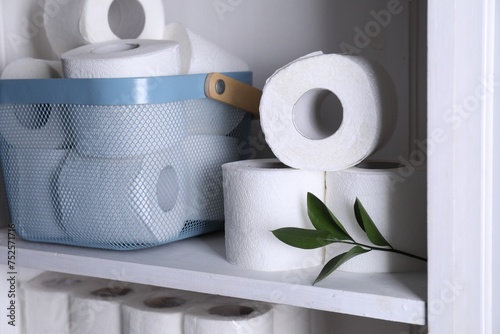 Toilet paper rolls and green leaves on white shelf