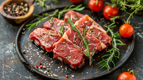 Fresh raw steak cuts with rosemary and tomatoes on a dark plate, seasoned and ready to cook