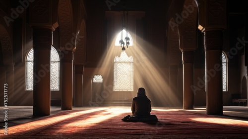The solitary person is praying quietly with decoration. background sunlight streaming through a window