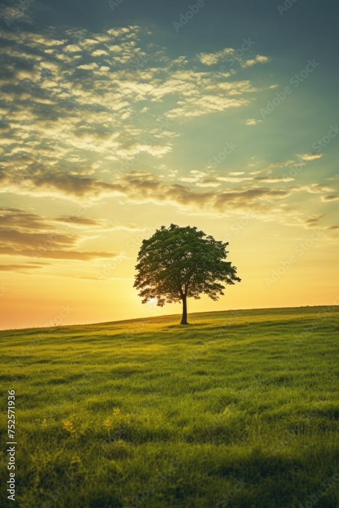Obraz premium A solitary tree standing in a grassy field at sunset. Ideal for nature and landscape backgrounds