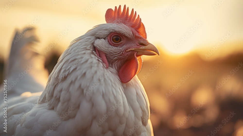 A close up of a chicken with a sunset in the background. Ideal for farm and nature concepts