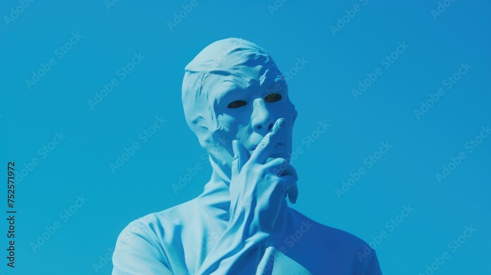 A statue of a man with a mask covering his face. Suitable for various themes and concepts