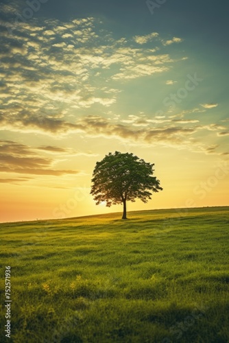 A solitary tree standing in a grassy field at sunset. Ideal for nature and landscape backgrounds