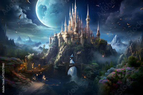 Mystical Twilight: A Spectacular View of A Floating Island Castle Under The Glittering Starlight