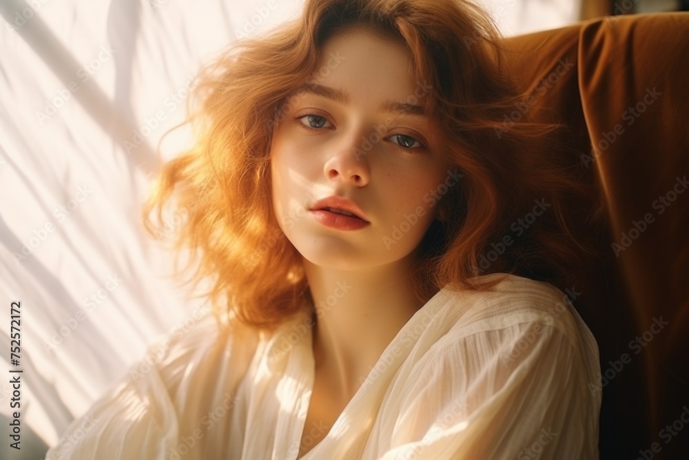 A woman with red hair sitting in a chair. Suitable for various concepts and designs