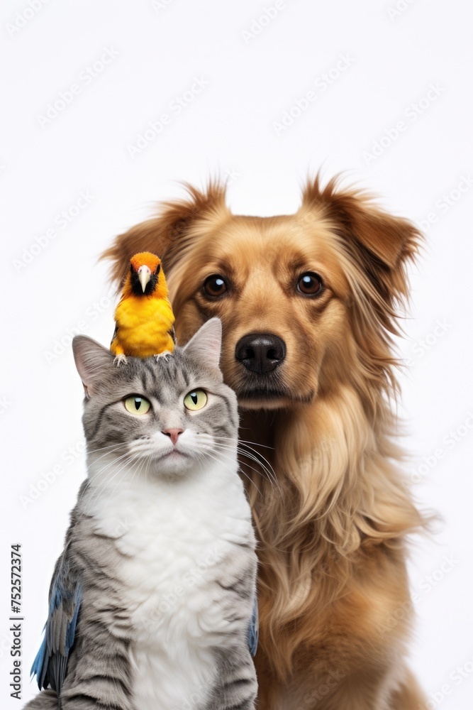 A dog and a cat sitting peacefully side by side. Suitable for pet lovers and animal themes
