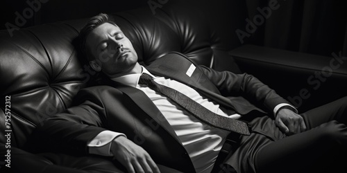 A man in a suit taking a nap on a couch. Suitable for business or relaxation concepts