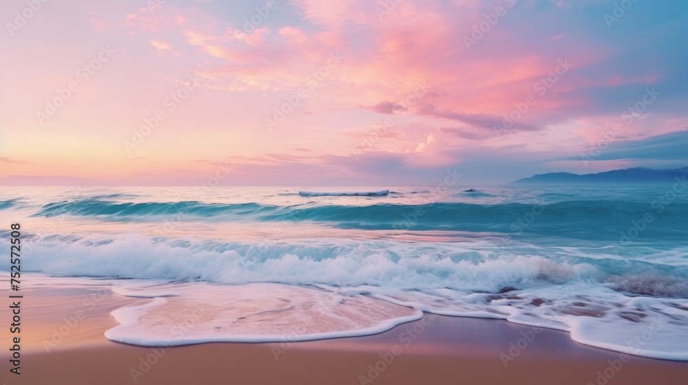 Beautiful beach with waves under a pink sky, perfect for summer vacation concepts Beautiful beach with waves under a pink sky, perfect for summer vacation concepts