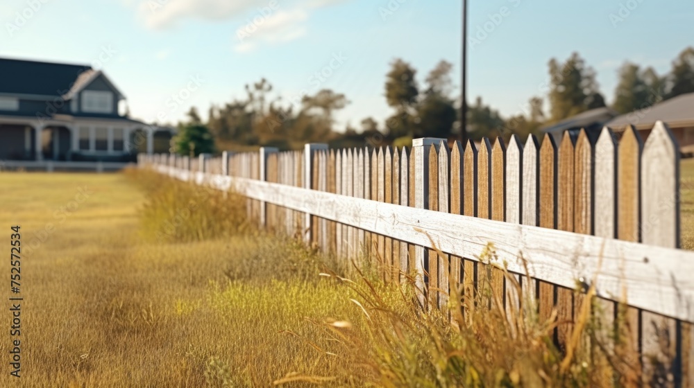 A white picket fence in front of a charming house. Perfect for real estate or home renovation concepts