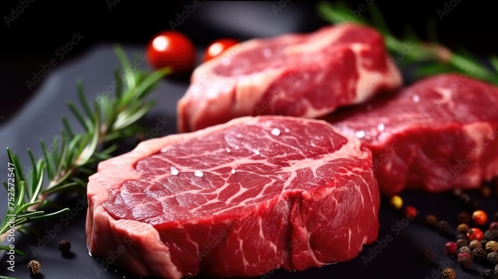 Juicy steaks served on a black plate with fresh rosemary. Perfect for restaurant menus or food blogs Juicy steaks served on a black plate with fresh rosemary. Perfect for restaurant menus or food blogs