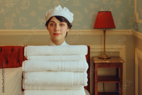 Hotel chambermaid with towels photo
