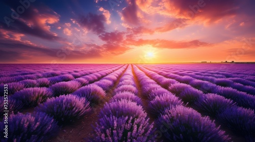 Fantasy landscape of blooming lavender flowers with sunset background