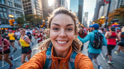 Energetic young woman takes selfie while running in city marathon, crowd in background