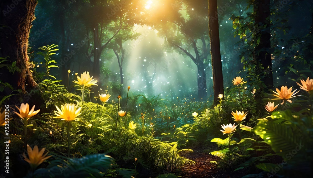 Obraz premium Generated image of mystical forest scene with glowing flora and ethereal light, inspired by mythology