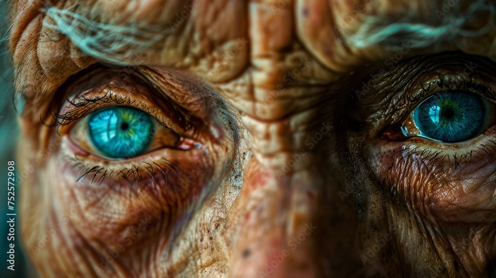 This compelling image captures the stark detail and the vibrant blue irises of an elderly person's eyes, evoking a sense of wisdom and experience - obrazy, fototapety, plakaty 