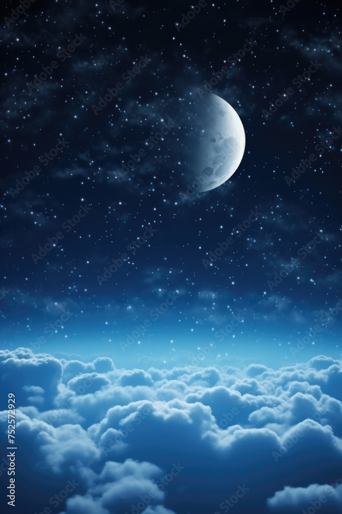 A serene night sky with fluffy clouds and a half moon. Perfect for backgrounds or night-themed designs