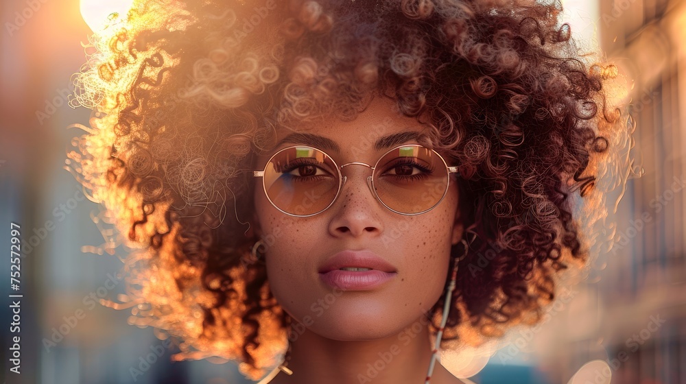 Close-up of a young woman with glasses and voluminous curly hair highlights individuality Close-up of a young woman with glasses and voluminous curly hair highlights individuality