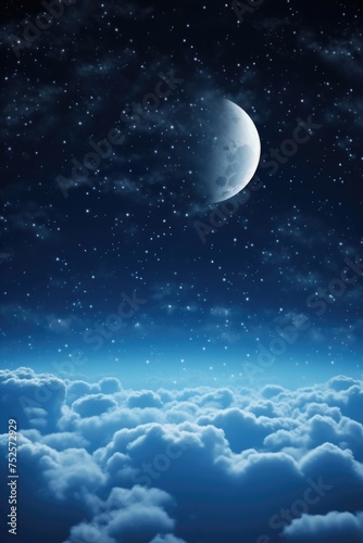 A serene night sky with fluffy clouds and a half moon. Perfect for backgrounds or night-themed designs