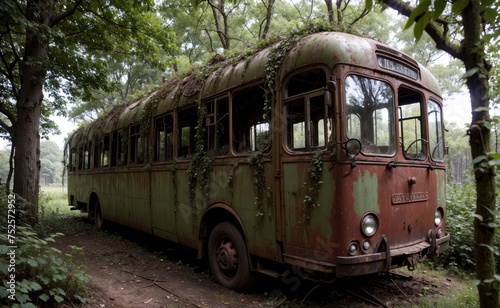 A rusty bus into the jungle. Abandoned place, vines everywhere.