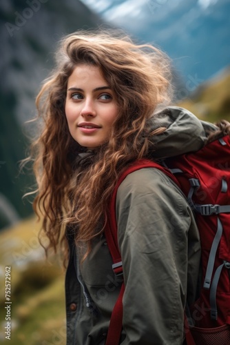 A woman with long hair wearing a backpack. Ideal for travel and adventure concepts © Fotograf