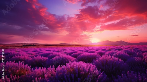 Landscape of blooming lavender flowers with sunset background