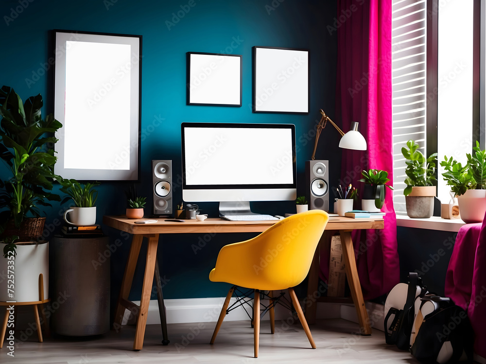 Stylish workspace with a computer and posters at home or in the studio. Stylish workspace with a computer and posters at home or in the studio.