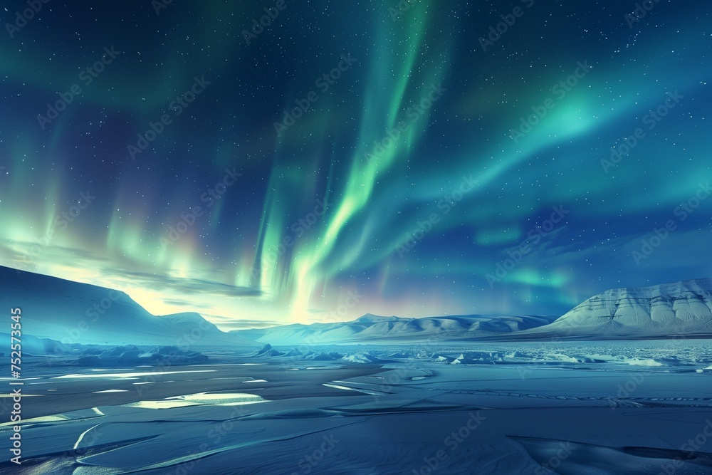 The serene beauty of the Northern Lights dancing over a pristine, icy landscape, illuminated by the ethereal glow of the aurora borealis on Earth Day.