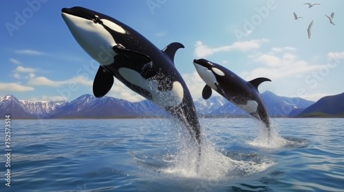 Two orca whales leaping out of the water. Suitable for marine life themes