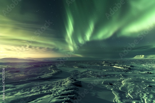 The serene beauty of the Northern Lights dancing over a pristine  icy landscape  illuminated by the ethereal glow of the aurora borealis on Earth Day.