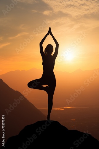 A woman doing yoga on top of a mountain. Perfect for wellness and outdoor activities concepts