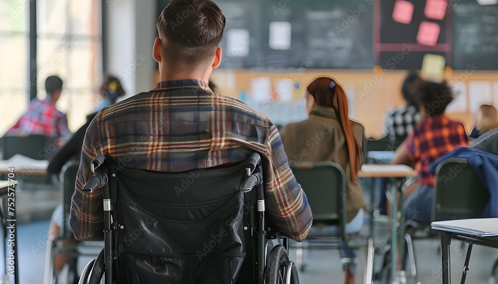 Wheelchair-bound student unrecognizable taking notes in classroom