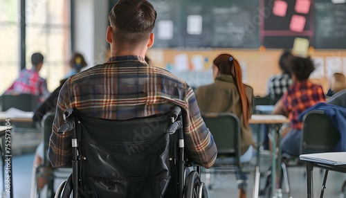 Wheelchair-bound student unrecognizable taking notes in classroom © Alejandro Morón