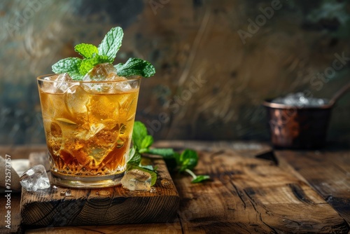 Mint julep cocktail on wooden board in pub restaurant