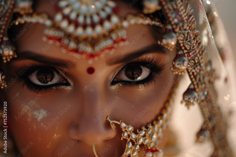 Morning preparations for an exquisite Indian bride adorned with opulent jewelry and captivating dark eyes Morning preparations for an exquisite Indian bride adorned with opulent jewelry and captivating dark eyes
