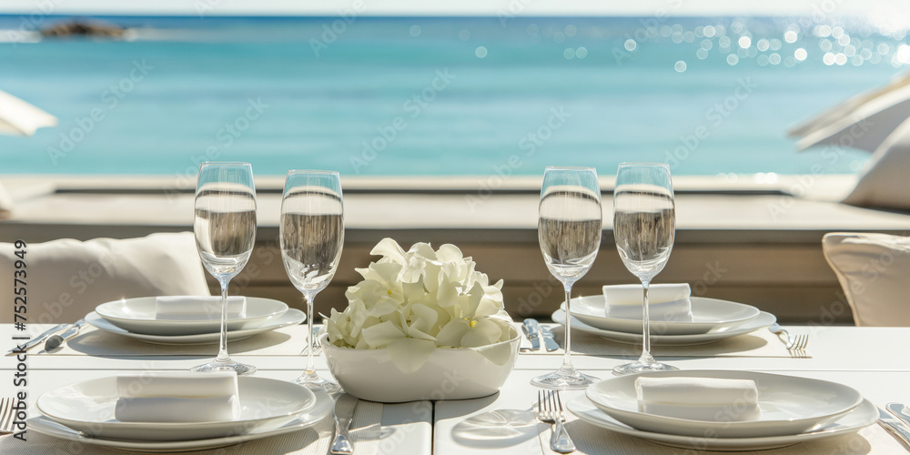 Luxurious Beachside Dining Experience with Pristine Ocean View and Elegant Table Setting, banner