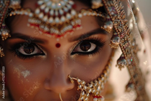 Morning preparations for an exquisite Indian bride adorned with opulent jewelry and captivating dark eyes