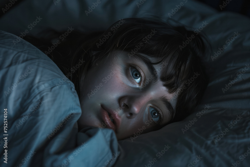 Portrait of a Young Woman Lying in Bed Under Dim Lighting. Insomnia, nightmares Portrait of a Young Woman Lying in Bed Under Dim Lighting. Insomnia, nightmares