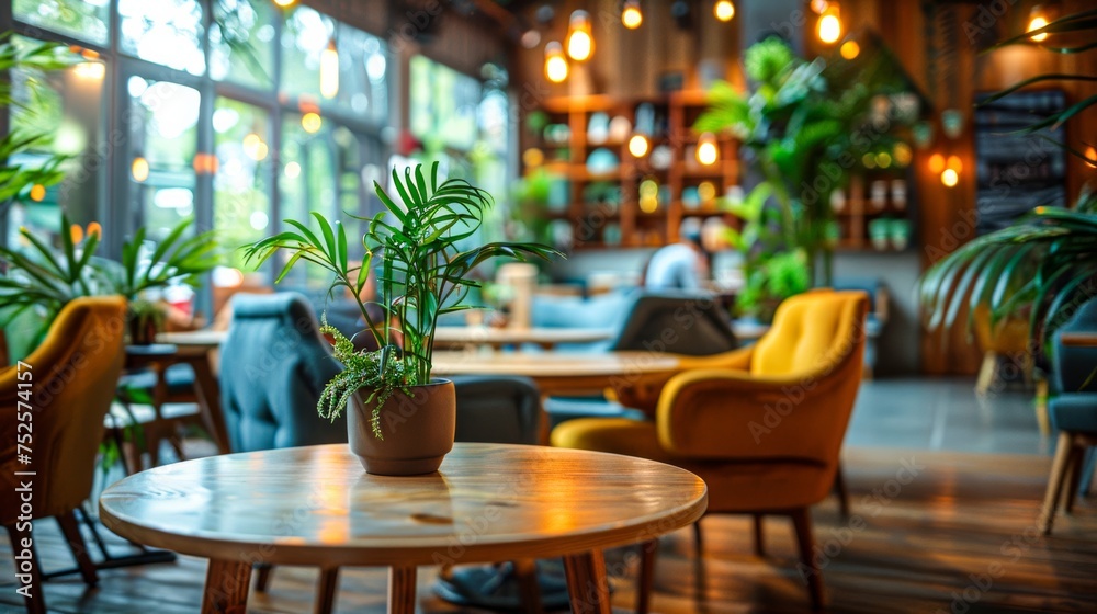 An indoor plant on a table in a cozy cafe setting symbolizing growth and tranquility An indoor plant on a table in a cozy cafe setting symbolizing growth and tranquility