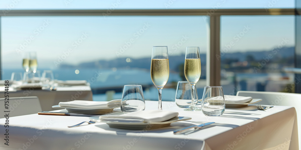 Elegant Dining Setup with Sparkling Wine Overlooking a Serene Panoramic View Elegant Dining Setup with Sparkling Wine Overlooking a Serene Panoramic View