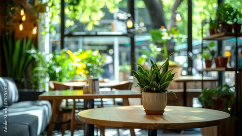 Inviting image of a peaceful café setting with plants, soft lighting, and wooden furniture A serene spot for relaxation or work